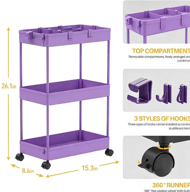Alt view image 2 of 7 - Slim Storage Cart 3 Tier,Bathroom Organizer Rolling Utility,Mobile Shelving Unit Slide Out for Office, Kitchen, Laundry Room & Narrow Places,Purple