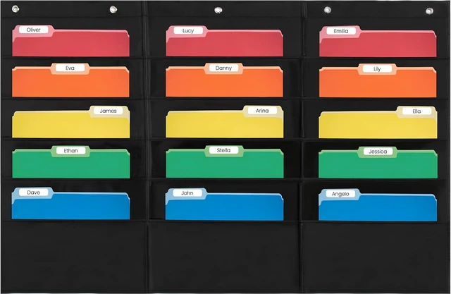 Main image of 15 Pocket File Pocket Chart, Black, 42"x28" Versatile Wall Hanging File Folder Organizer for Classrooms, Offices, Home, and More - Wall Folder Organizer