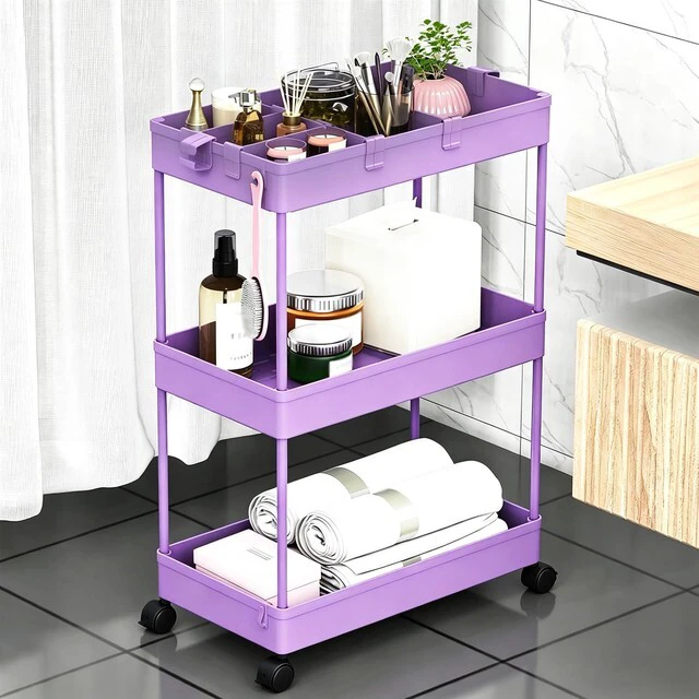 Main image of Slim Storage Cart 3 Tier,Bathroom Organizer Rolling Utility,Mobile Shelving Unit Slide Out for Office, Kitchen, Laundry Room & Narrow Places,Purple