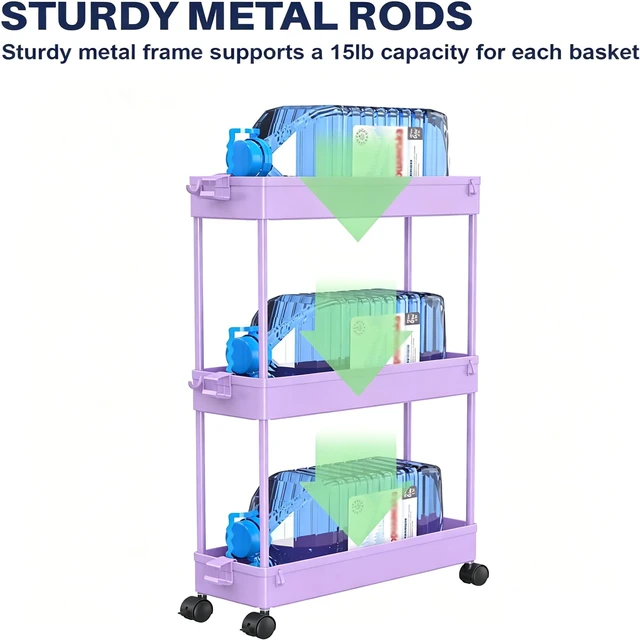 Alt view image 3 of 7 - Slim Storage Cart 3 Tier,Bathroom Organizer Rolling Utility,Mobile Shelving Unit Slide Out for Office, Kitchen, Laundry Room & Narrow Places,Purple