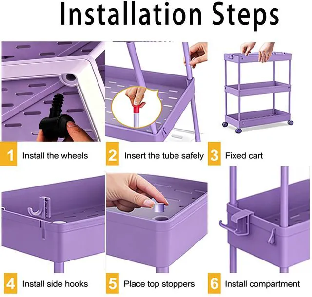 Alt view image 4 of 7 - Slim Storage Cart 3 Tier,Bathroom Organizer Rolling Utility,Mobile Shelving Unit Slide Out for Office, Kitchen, Laundry Room & Narrow Places,Purple