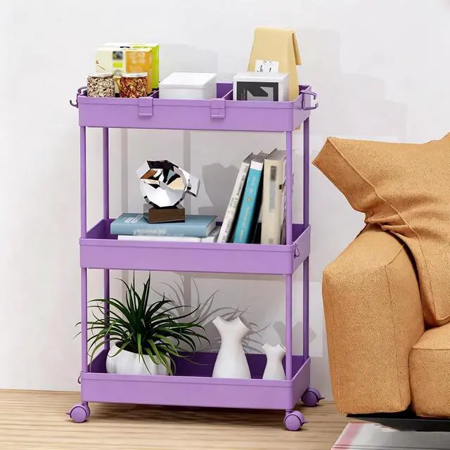 Alt view image 5 of 7 - Slim Storage Cart 3 Tier,Bathroom Organizer Rolling Utility,Mobile Shelving Unit Slide Out for Office, Kitchen, Laundry Room & Narrow Places,Purple