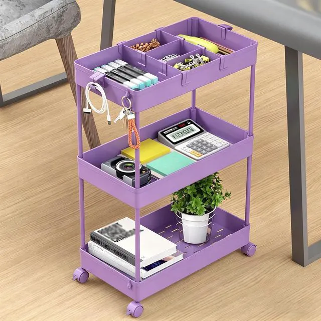Alt view image 7 of 7 - Slim Storage Cart 3 Tier,Bathroom Organizer Rolling Utility,Mobile Shelving Unit Slide Out for Office, Kitchen, Laundry Room & Narrow Places,Purple