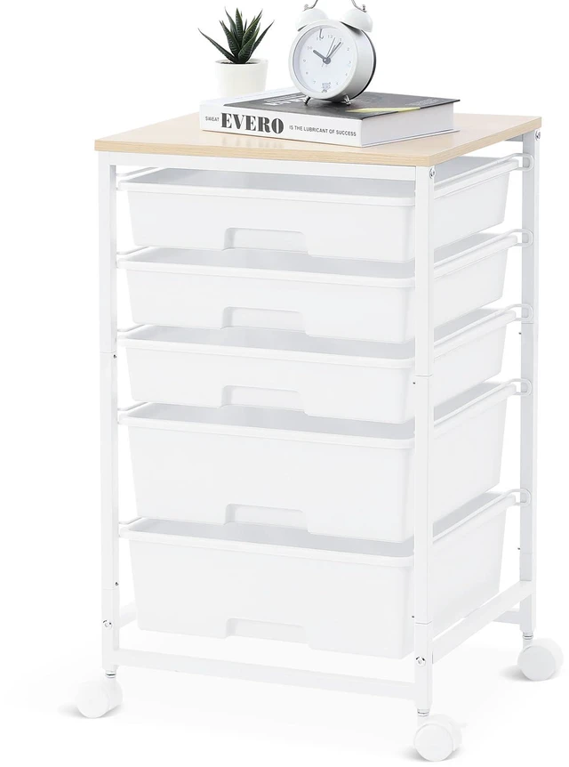 Main image of Rolling Cart with Drawers, 5 Drawers Utility Cart, Bright White 5-Tiers Storage Cart with Drawers with Wooden Top for Craft Organizers and Storage,Home Office,Classroom,Dorm