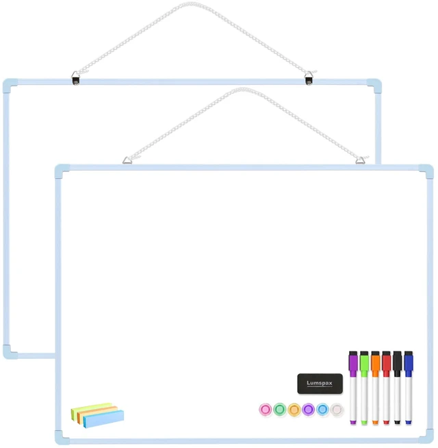 Main image of Dry Erase Board for Wall, 24" x 18" Double-Sided Hanging Magnetic Whiteboard with 6 Markers, 6 Magnets and 3 Mini Sticky Notes, Large White Board for School, Home, Office, Blue Frame