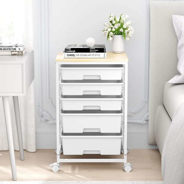 Alt view image 2 of 7 - Rolling Cart with Drawers, 5 Drawers Utility Cart, Bright White 5-Tiers Storage Cart with Drawers with Wooden Top for Craft Organizers and Storage,Home Office,Classroom,Dorm