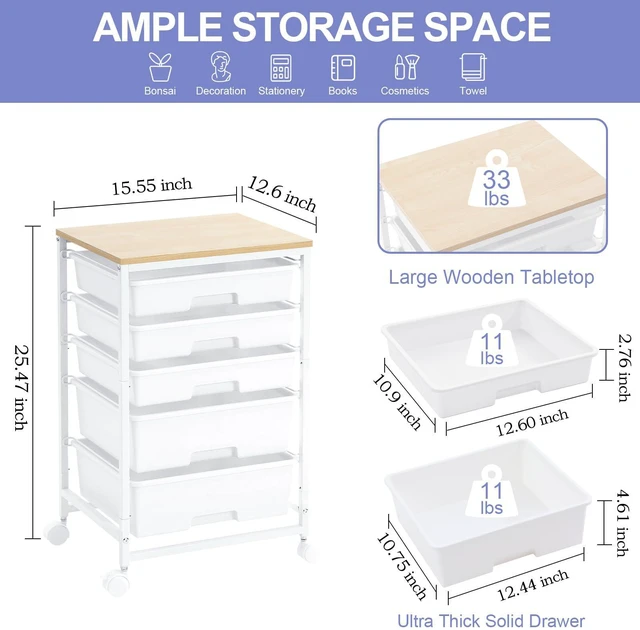 Alt view image 3 of 7 - Rolling Cart with Drawers, 5 Drawers Utility Cart, Bright White 5-Tiers Storage Cart with Drawers with Wooden Top for Craft Organizers and Storage,Home Office,Classroom,Dorm