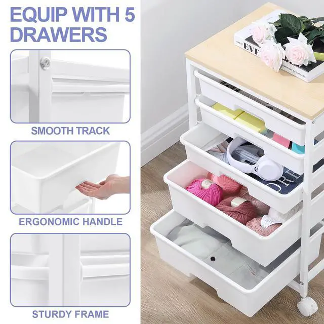 Alt view image 4 of 7 - Rolling Cart with Drawers, 5 Drawers Utility Cart, Bright White 5-Tiers Storage Cart with Drawers with Wooden Top for Craft Organizers and Storage,Home Office,Classroom,Dorm