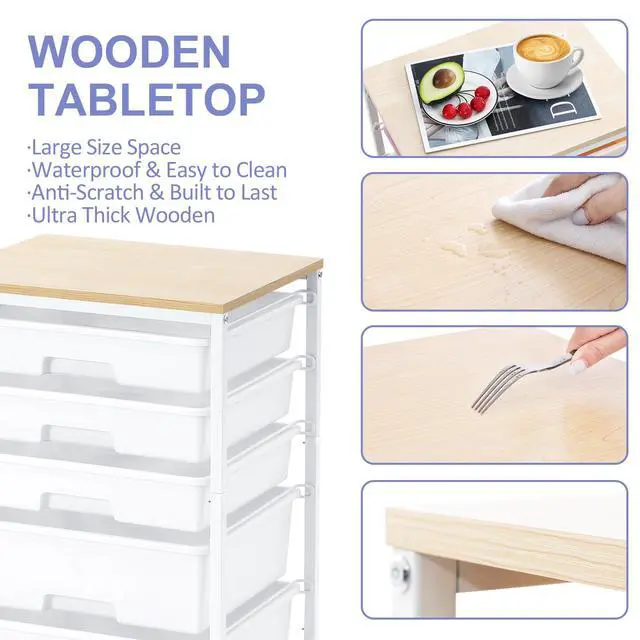 Alt view image 6 of 7 - Rolling Cart with Drawers, 5 Drawers Utility Cart, Bright White 5-Tiers Storage Cart with Drawers with Wooden Top for Craft Organizers and Storage,Home Office,Classroom,Dorm