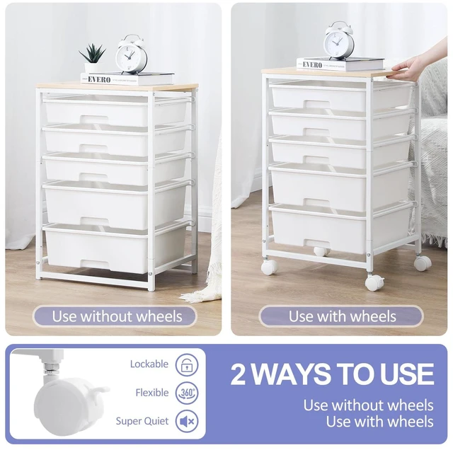 Alt view image 7 of 7 - Rolling Cart with Drawers, 5 Drawers Utility Cart, Bright White 5-Tiers Storage Cart with Drawers with Wooden Top for Craft Organizers and Storage,Home Office,Classroom,Dorm