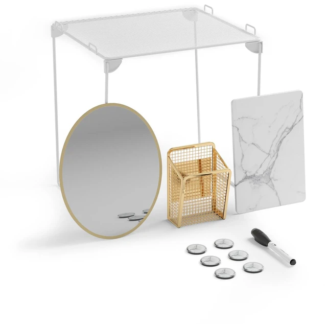 Main image of Magnetic Locker Organizer Kit with Decor, Gold 11 gold marble pieces stack a metal shelf, mirror, dry-erase board and magnets on any locker door