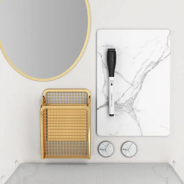 Alt view image 2 of 7 - Magnetic Locker Organizer Kit with Decor, Gold 11 gold marble pieces stack a metal shelf, mirror, dry-erase board and magnets on any locker door