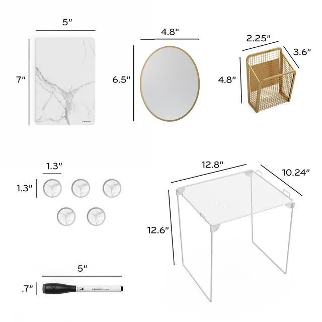Alt view image 3 of 7 - Magnetic Locker Organizer Kit with Decor, Gold 11 gold marble pieces stack a metal shelf, mirror, dry-erase board and magnets on any locker door