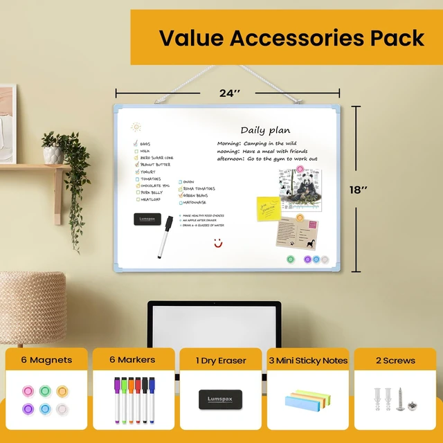 Alt view image 3 of 7 - Dry Erase Board for Wall, 24" x 18" Double-Sided Hanging Magnetic Whiteboard with 6 Markers, 6 Magnets and 3 Mini Sticky Notes, Large White Board for School, Home, Office, Blue Frame