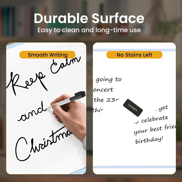 Alt view image 6 of 7 - Dry Erase Board for Wall, 24" x 18" Double-Sided Hanging Magnetic Whiteboard with 6 Markers, 6 Magnets and 3 Mini Sticky Notes, Large White Board for School, Home, Office, Blue Frame