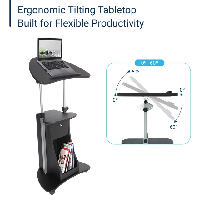 Alt view image 5 of 7 - Adjustable Height Rolling Laptop Cart with Storage, Black Adjustable Height Rolling Laptop Cart with Tilting Top, Storage Shelf, Locking Wheels, Sit to Stand Desk, Mobile Podium,Black