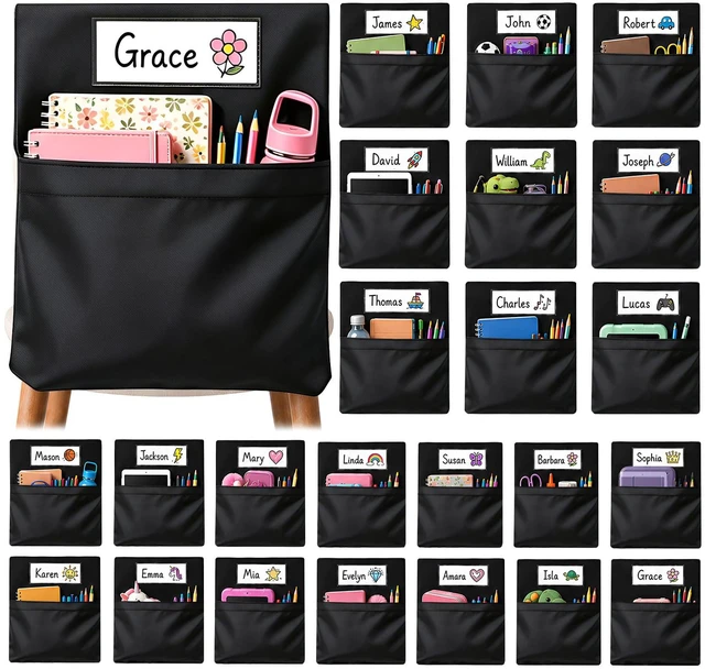 Main image of 24 PCS Chair Pockets for Classroom, 20 x 17 Inch Extra Large Seat Sacks with Name Tags, Heavy-Duty Oxford Fabric Chair Organizers for School, Home, Office Black
