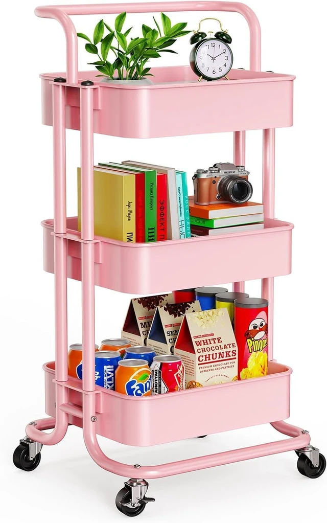 Main image of Metal 3 Tier Rolling Cart with Handle & 2 Lockable Wheels, Pink Four Large 2" Wheels for Easy Motion, Sturdy Metal, Hold 22 lbs per Shelf, Ideal for Nursery Room, Living Room, Painting Room