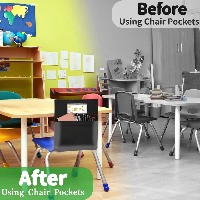 Alt view image 2 of 7 - 24 PCS Chair Pockets for Classroom, 20 x 17 Inch Extra Large Seat Sacks with Name Tags, Heavy-Duty Oxford Fabric Chair Organizers for School, Home, Office Black