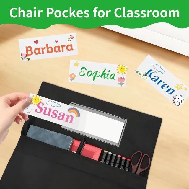 Alt view image 3 of 7 - 24 PCS Chair Pockets for Classroom, 20 x 17 Inch Extra Large Seat Sacks with Name Tags, Heavy-Duty Oxford Fabric Chair Organizers for School, Home, Office Black