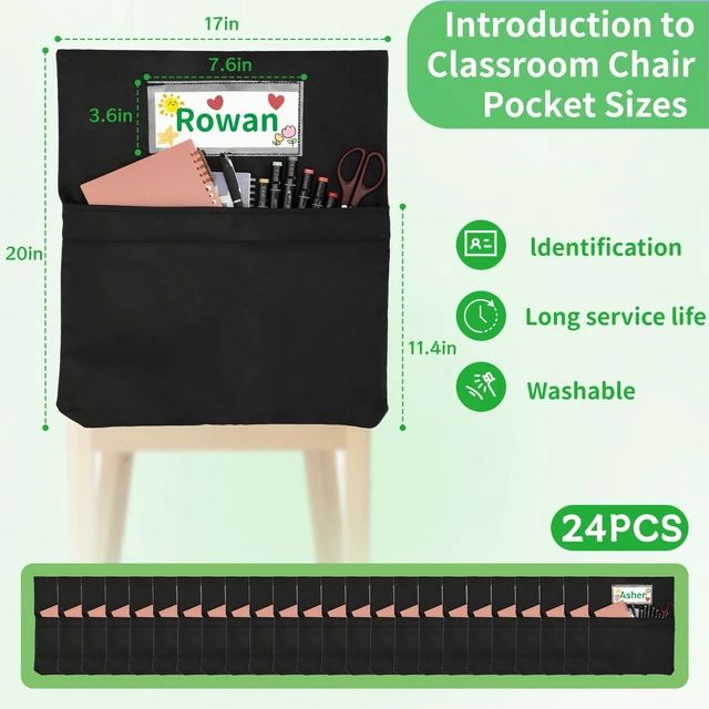 Alt view image 5 of 7 - 24 PCS Chair Pockets for Classroom, 20 x 17 Inch Extra Large Seat Sacks with Name Tags, Heavy-Duty Oxford Fabric Chair Organizers for School, Home, Office Black