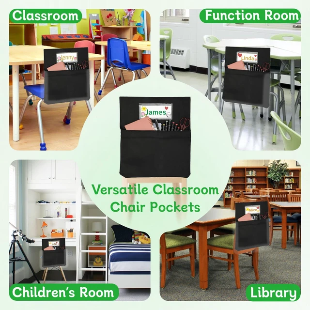 Alt view image 7 of 7 - 24 PCS Chair Pockets for Classroom, 20 x 17 Inch Extra Large Seat Sacks with Name Tags, Heavy-Duty Oxford Fabric Chair Organizers for School, Home, Office Black