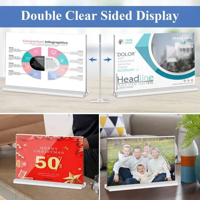 Alt view image 3 of 6 - Acrylic Sign Holder 8.5x11 Inches 6 Pack Horizontal, T -Shaped Double Sided Clear Paper Frames, PlasticTable Menu Display Holder, Document Flyer Table Stand for Office, Store, Restaurant