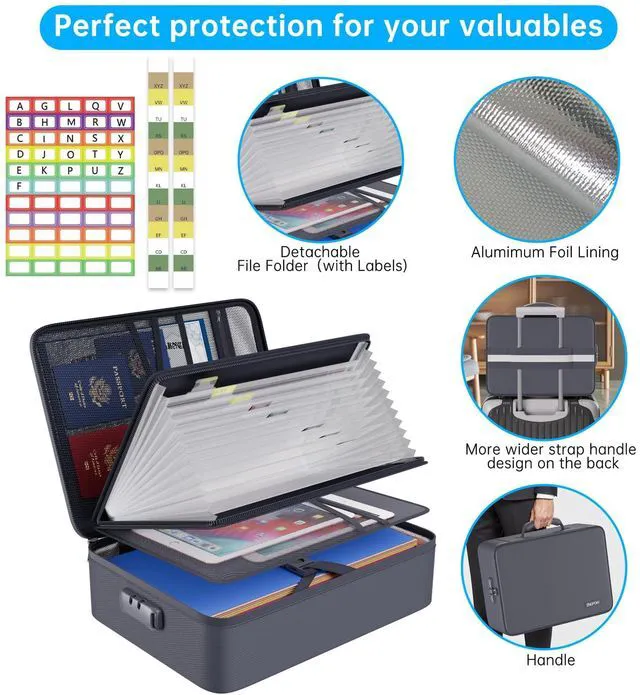 Alt view image 5 of 7 - Fireproof Document Organizer Bag with Lock Accordion File Folder 5200 Multi-Layer File Organizer Box with Lock,Heat Insulated, Water Resistant, Safe Storage for Home Office Travel, Gray