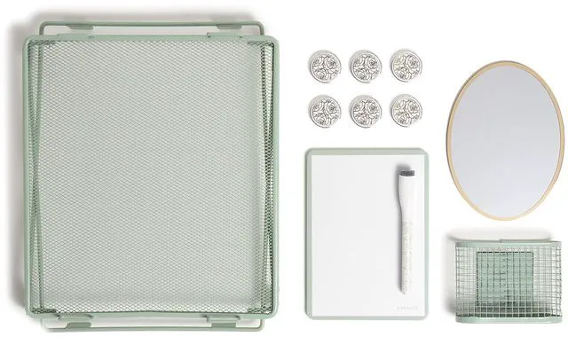 Main image of Magnetic Locker Organizer Kit with Decor, Green Eleven pieces: a stackable metal locker shelf, gold oval mirror, mesh cup, dry erase board, marker and six rose magnets