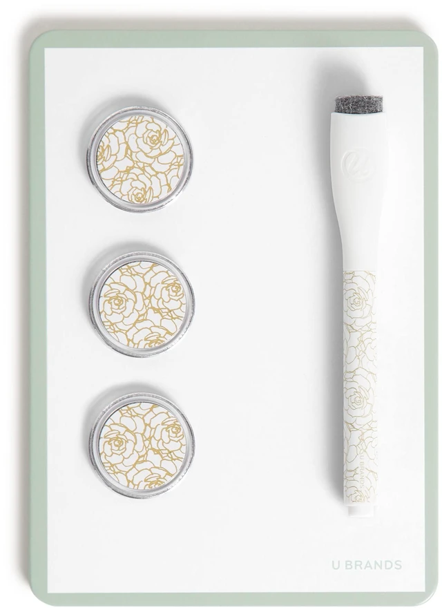 Alt view image 3 of 6 - Magnetic Locker Organizer Kit with Decor, Green Eleven pieces: a stackable metal locker shelf, gold oval mirror, mesh cup, dry erase board, marker and six rose magnets