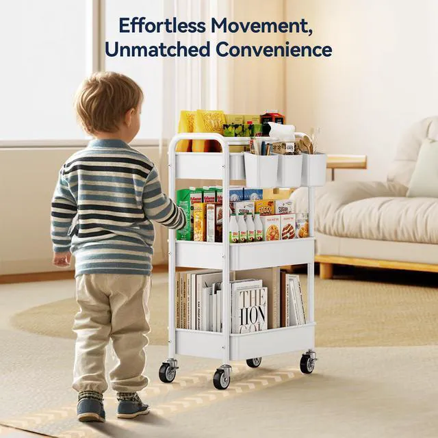 Alt view image 3 of 7 - 3 Tier Rolling Cart, Heavy Duty Metal Utility Cart with Wheel White Sturdy Rolling Storage Cart With Hooks & Hanging Cups, Great For Craft, Art Workspace, Kitchen,Snack And Office Storage