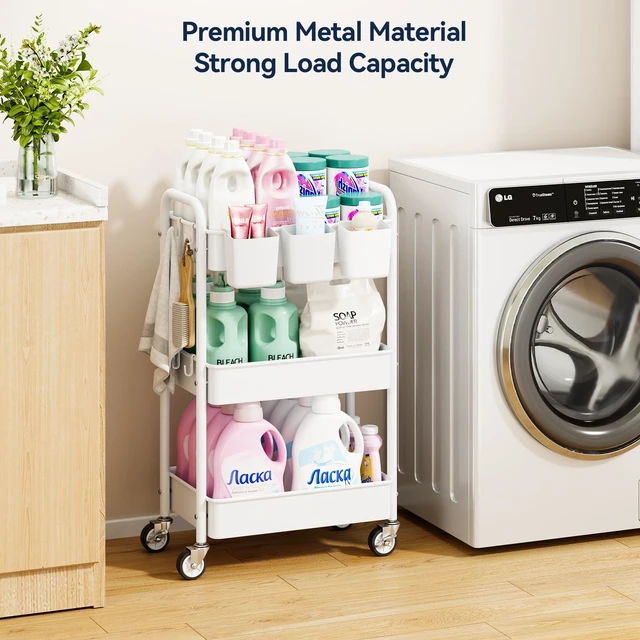 Alt view image 2 of 7 - 3 Tier Rolling Cart, Heavy Duty Metal Utility Cart with Wheel White Sturdy Rolling Storage Cart With Hooks & Hanging Cups, Great For Craft, Art Workspace, Kitchen,Snack And Office Storage