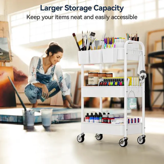 Alt view image 4 of 7 - 3 Tier Rolling Cart, Heavy Duty Metal Utility Cart with Wheel White Sturdy Rolling Storage Cart With Hooks & Hanging Cups, Great For Craft, Art Workspace, Kitchen,Snack And Office Storage