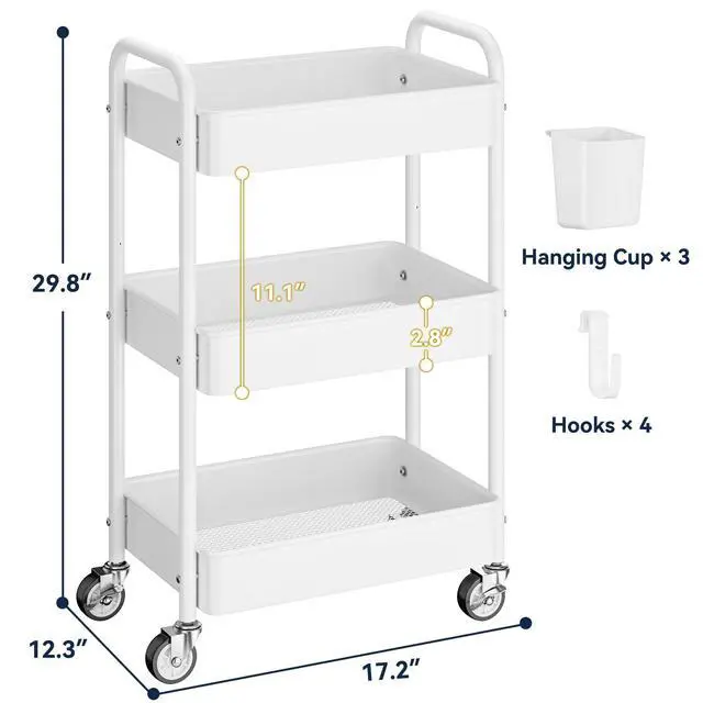 Alt view image 6 of 7 - 3 Tier Rolling Cart, Heavy Duty Metal Utility Cart with Wheel White Sturdy Rolling Storage Cart With Hooks & Hanging Cups, Great For Craft, Art Workspace, Kitchen,Snack And Office Storage