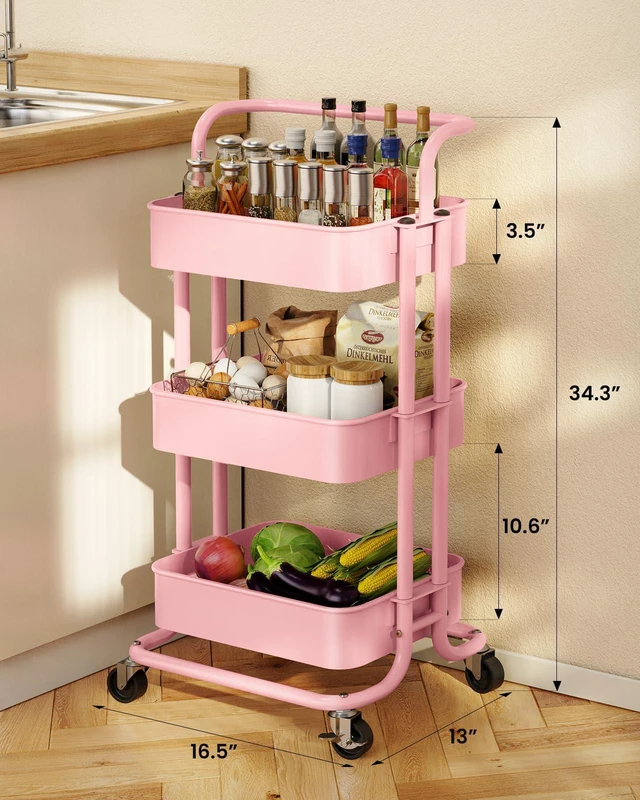 Alt view image 3 of 7 - Metal 3 Tier Rolling Cart with Handle & 2 Lockable Wheels, Pink Four Large 2" Wheels for Easy Motion, Sturdy Metal, Hold 22 lbs per Shelf, Ideal for Nursery Room, Living Room, Painting Room