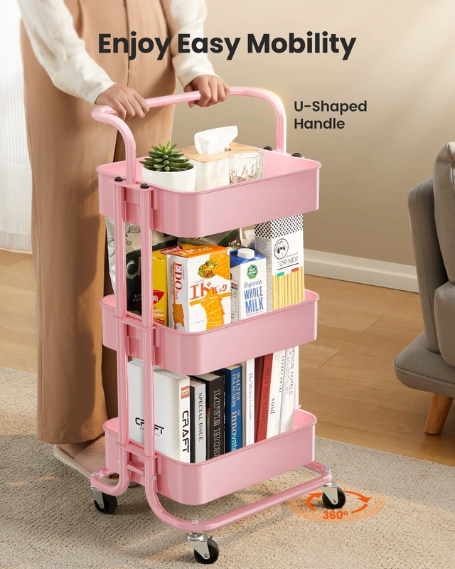 Alt view image 4 of 7 - Metal 3 Tier Rolling Cart with Handle & 2 Lockable Wheels, Pink Four Large 2" Wheels for Easy Motion, Sturdy Metal, Hold 22 lbs per Shelf, Ideal for Nursery Room, Living Room, Painting Room
