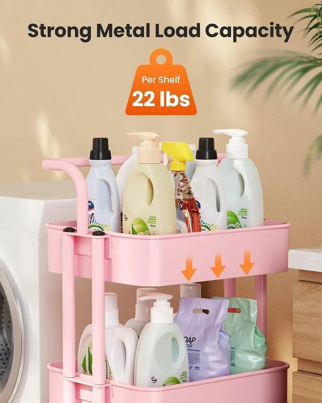 Alt view image 6 of 7 - Metal 3 Tier Rolling Cart with Handle & 2 Lockable Wheels, Pink Four Large 2" Wheels for Easy Motion, Sturdy Metal, Hold 22 lbs per Shelf, Ideal for Nursery Room, Living Room, Painting Room