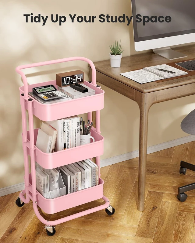 Alt view image 7 of 7 - Metal 3 Tier Rolling Cart with Handle & 2 Lockable Wheels, Pink Four Large 2" Wheels for Easy Motion, Sturdy Metal, Hold 22 lbs per Shelf, Ideal for Nursery Room, Living Room, Painting Room