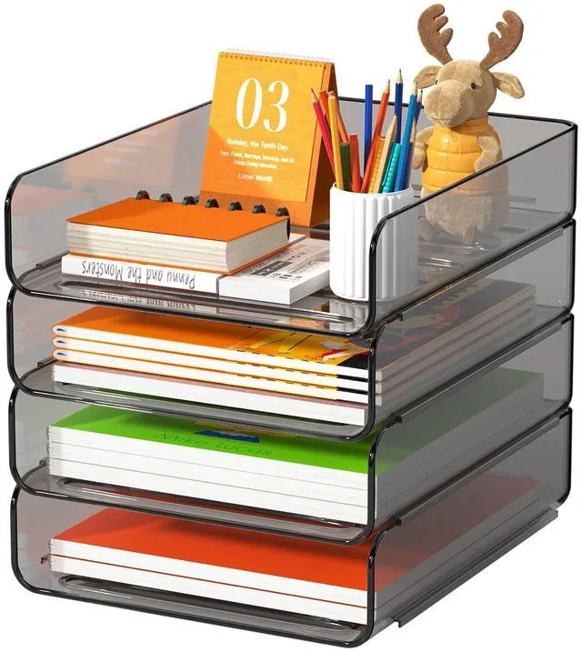 Main image of 4-Tier Acrylic Paper Tray Organizer, Brown Office Paper Organizer Stackable, Tool-Free Design with 2-4 Tiers for A4 Paper, Files, Books and Mail; Ideal for School, Home Office and Study Room