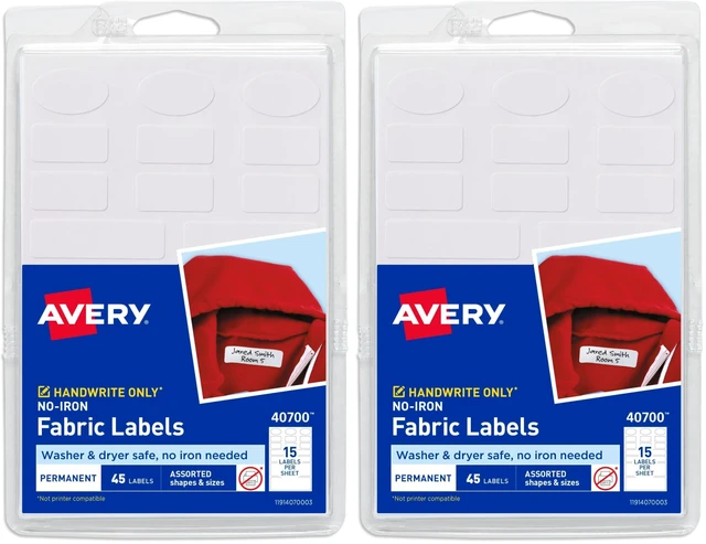 Main image of No-Iron Fabric Labels, Assorted Shapes and Sizes, Washer and Dryer-Safe Waterproof Labels, Non-Printable, 45 Count (40700), (Pack of 2)