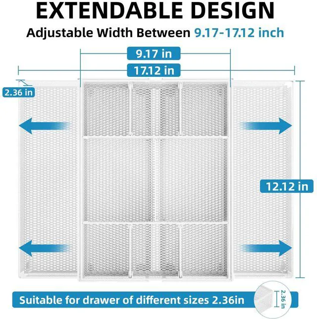Alt view image 2 of 7 - Expandable Desk Drawer Organizer, Mesh Drawer Organizer Tray with 10 Adjustable Compartments, Desk Organizers and Accessories, 5 Dividers Drawer for Office Supplies, Makeup & Vanity (White)