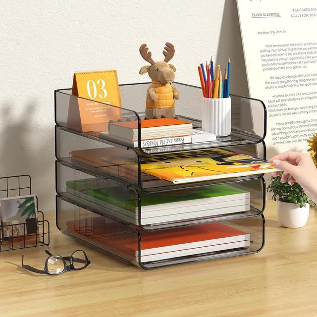 Alt view image 2 of 7 - 4-Tier Acrylic Paper Tray Organizer, Brown Office Paper Organizer Stackable, Tool-Free Design with 2-4 Tiers for A4 Paper, Files, Books and Mail; Ideal for School, Home Office and Study Room