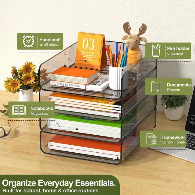 Alt view image 3 of 7 - 4-Tier Acrylic Paper Tray Organizer, Brown Office Paper Organizer Stackable, Tool-Free Design with 2-4 Tiers for A4 Paper, Files, Books and Mail; Ideal for School, Home Office and Study Room