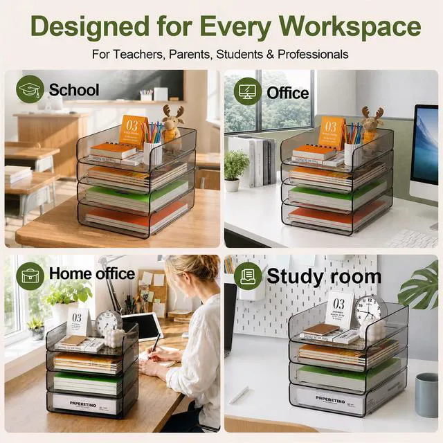 Alt view image 4 of 7 - 4-Tier Acrylic Paper Tray Organizer, Brown Office Paper Organizer Stackable, Tool-Free Design with 2-4 Tiers for A4 Paper, Files, Books and Mail; Ideal for School, Home Office and Study Room