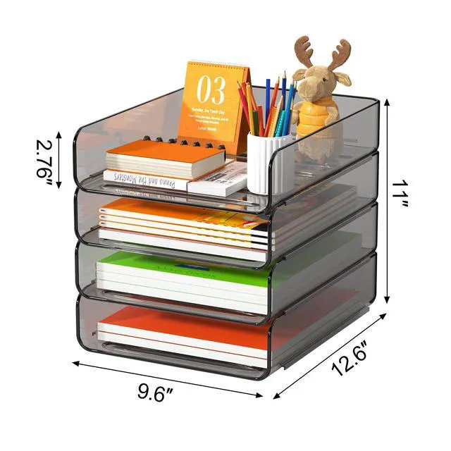 Alt view image 5 of 7 - 4-Tier Acrylic Paper Tray Organizer, Brown Office Paper Organizer Stackable, Tool-Free Design with 2-4 Tiers for A4 Paper, Files, Books and Mail; Ideal for School, Home Office and Study Room