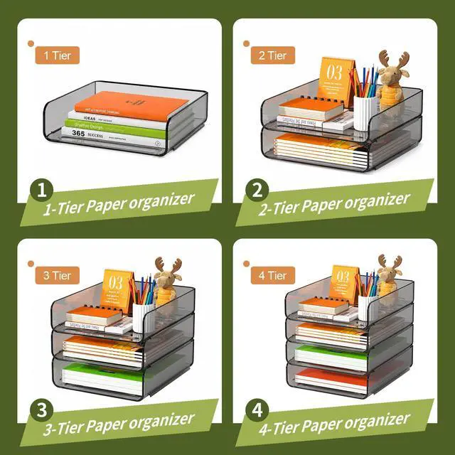Alt view image 6 of 7 - 4-Tier Acrylic Paper Tray Organizer, Brown Office Paper Organizer Stackable, Tool-Free Design with 2-4 Tiers for A4 Paper, Files, Books and Mail; Ideal for School, Home Office and Study Room