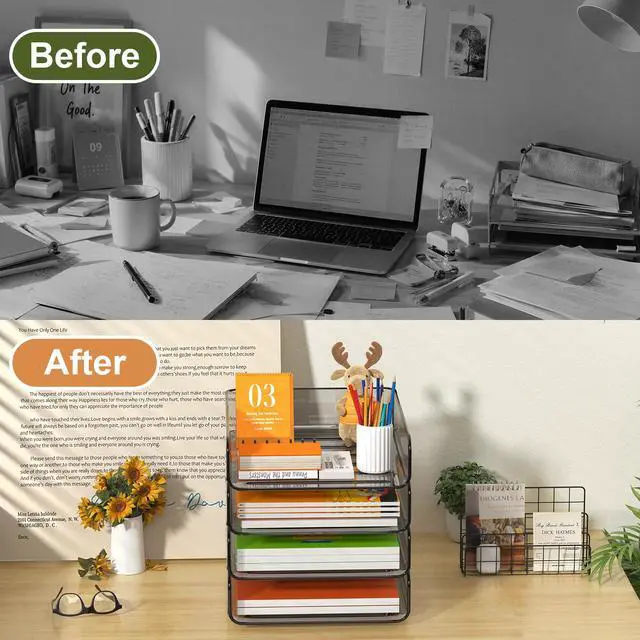 Alt view image 7 of 7 - 4-Tier Acrylic Paper Tray Organizer, Brown Office Paper Organizer Stackable, Tool-Free Design with 2-4 Tiers for A4 Paper, Files, Books and Mail; Ideal for School, Home Office and Study Room