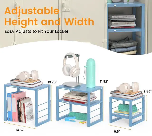 Alt view image 7 of 7 - Locker Shelf Blue, Adjustable Width and Height, Metal Locker Organizer Shelf School, Stackable Locker Storage Organization, Ideal Locker Fits Standard Size School, Office, and Gym Lockers