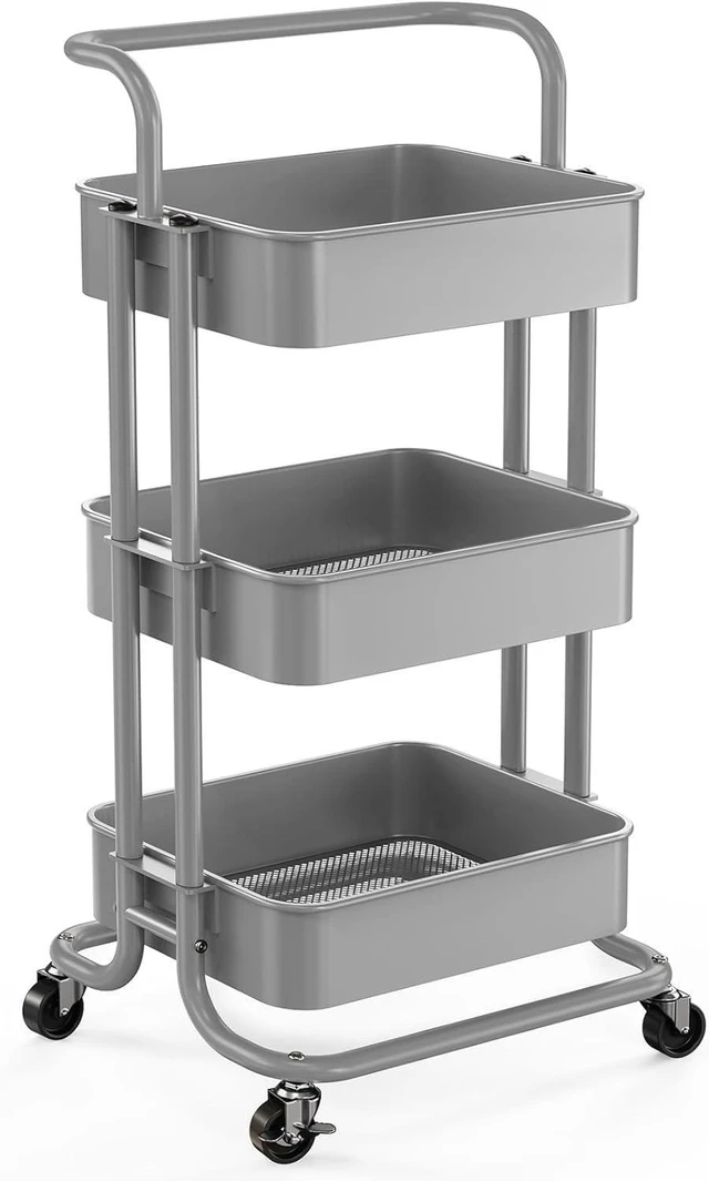 Main image of Metal 3 Tier Rolling Cart with Handle & 2 Lockable Wheels, Gray Four Large 2" Wheels for Easy Motion, Sturdy Metal, Hold 22 lbs per Shelf, Ideal for Nursery Room, Living Room, Painting Room