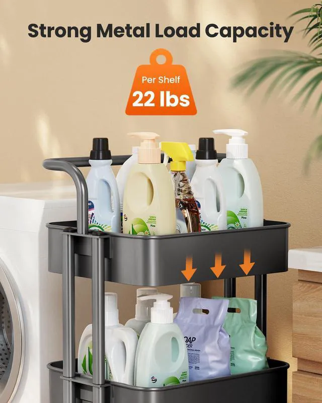 Alt view image 2 of 7 - Metal 3 Tier Rolling Cart with Handle & 2 Lockable Wheels, Gray Four Large 2" Wheels for Easy Motion, Sturdy Metal, Hold 22 lbs per Shelf, Ideal for Nursery Room, Living Room, Painting Room